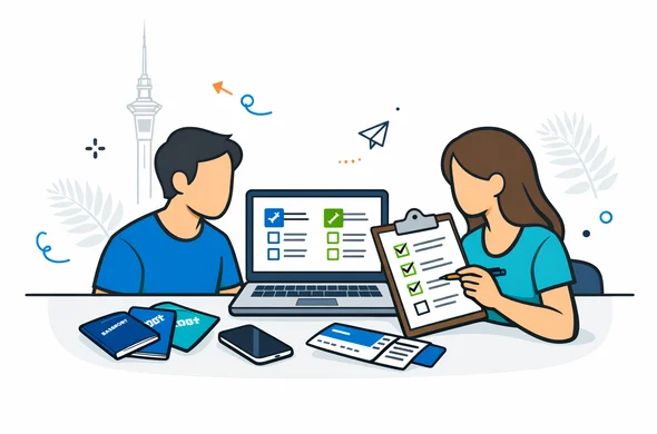 Flat vector illustration, clean lines, modern tech feel, 2D scene, abstract faceless travelers comparing New Zealand entry options on a laptop and printed checklist, passports, phone and travel documents on desk, deep blue and turquoise primary palette with fern green accent, calm organized atmosphere, minimalist white and light grey background with faint outline of Auckland Sky Tower and a subtle fern motif, no photorealism, no text, safe and efficient planning mood