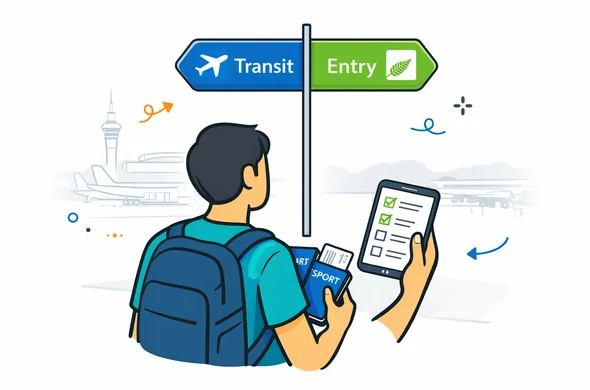 Semi flat vector illustration, modern travel compliance scene, abstract faceless passenger at airport choosing between transit and entry paths for New Zealand, passport, boarding pass, airport signs and checklist on phone, deep blue and turquoise palette with fern green accent, minimalist white background with faint outline of Auckland airport terminal and distant mountains, calm efficient atmosphere, no photorealism, no text, clean 2D composition