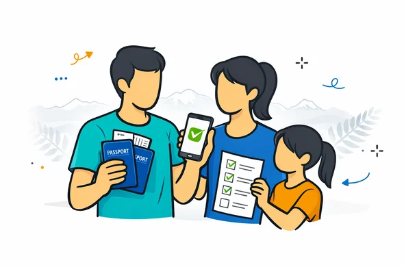 Flat vector illustration, modern organized travel preparation for New Zealand, abstract faceless family reviewing passport, phone confirmation, tickets and checklist before flight, deep blue and turquoise primary colors with fern green accent, minimal white and light grey background with faint outline of Southern Alps and fern leaves, calm safe efficient atmosphere, 2D clean lines, no photorealism, no text