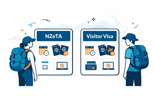 Flat vector illustration showing a comparison between NZeTA and a regular visitor visa for New Zealand. Two abstract faceless characters stand next to large document cards labeled NZeTA and Visitor Visa, with icons for duration, multiple entries and online application. Deep blue and turquoise with teal accents, minimalist background with faint outline of New Zealand coastline and mountains.