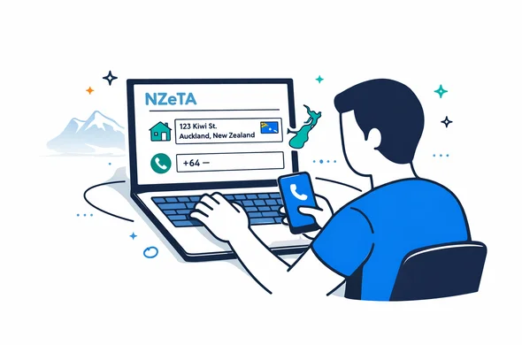 Semi-flat 2D vector scene of a traveler filling an online NZeTA form on a laptop, entering host address and phone. Deep blue and turquoise primary, teal accent for New Zealand. Minimalist background with faint outline of Southern Alps. Faceless characters, clean lines, organized layout, calm atmosphere.