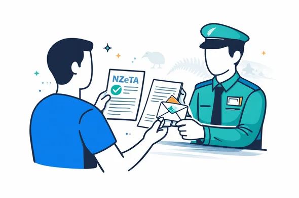 Flat vector border control scene in New Zealand: traveler presents documents (NZeTA approval, simple invitation letter) calmly. Deep blue and turquoise primary, teal accent referencing New Zealand. Minimal white/grey background with faint fern/kiwi silhouette. Faceless abstract characters, clean, organized, efficient atmosphere.