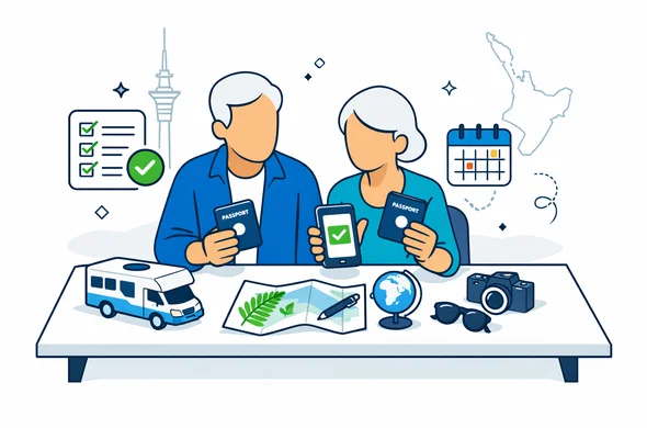 Flat isometric vector illustration with clean lines and a modern tech feel. Abstract faceless older couple with neutral skin tones planning a long New Zealand campervan adventure at a tidy desk. They hold passports and a smartphone displaying an approved NZeTA screen, with floating checklist and calendar UI icons and a small campervan. Primary palette deep blue and turquoise (Aid-Air brand) with fern green accent colors for New Zealand. Minimalist white and light grey background with a faint outline silhouette of Auckland Sky Tower and a subtle map outline of New Zealand. Calm, organized, safe atmosphere. No text, no logos, no flags, no facial features, not photorealistic.