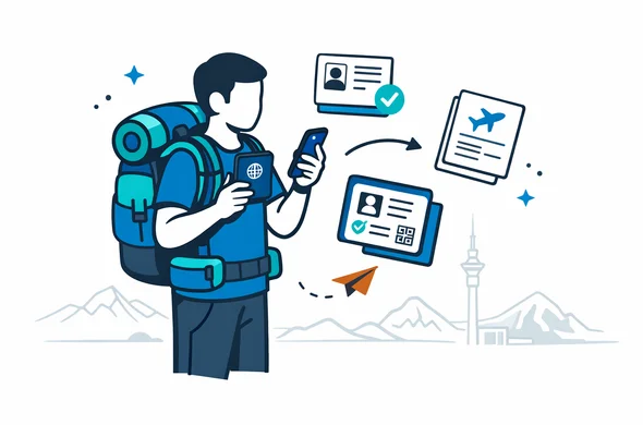 flat vector illustration of a backpacker with a large backpack holding a passport and smartphone, digital visa documents floating around, deep blue and turquoise branding with teal accent for New Zealand, calm and organized atmosphere, minimalist white background with faint outline of New Zealand mountains and Auckland Sky Tower, isometric 2D style, faceless neutral character