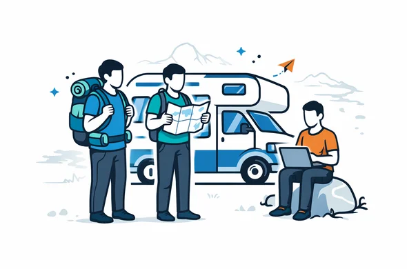 semi flat vector illustration showing three abstract travellers beside a campervan, one with a backpack, one with a map, one with a laptop, deep blue and turquoise with teal accents, calm and organized feeling, minimalist light background with faint outline of New Zealand coastline and mountains, 2D modern infographic style, faceless neutral characters