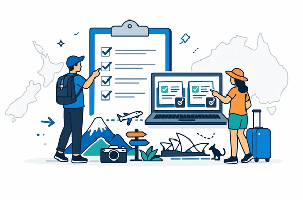 Semi-flat vector illustration of a combined New Zealand and Australia trip roadmap, faceless travellers pointing at a large checklist and digital visa approvals on a laptop screen, deep blue and turquoise with teal accents, calm and organized atmosphere, minimalist white background with faint outline of New Zealand and Australia maps, modern isometric style