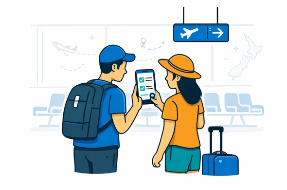 Flat vector illustration of travellers in an airport transit area, checking digital travel authorisations on a smartphone, deep blue and turquoise palette with teal accents, calm and efficient atmosphere, minimalist white background with faint outline of an airplane and New Zealand map in the back, modern 2D style