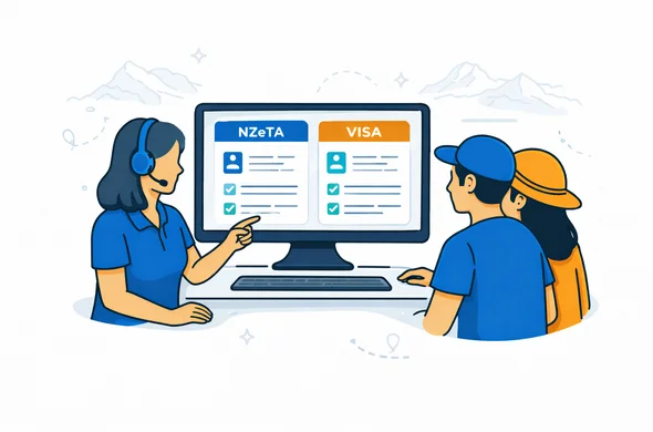 Semi-flat vector illustration of a support team helping travellers complete online NZeTA and visa forms on a computer, faceless characters, deep blue and turquoise primary colors with teal accent, calm and efficient atmosphere, minimalist white background with faint outline of New Zealand mountains in the back, modern tech style