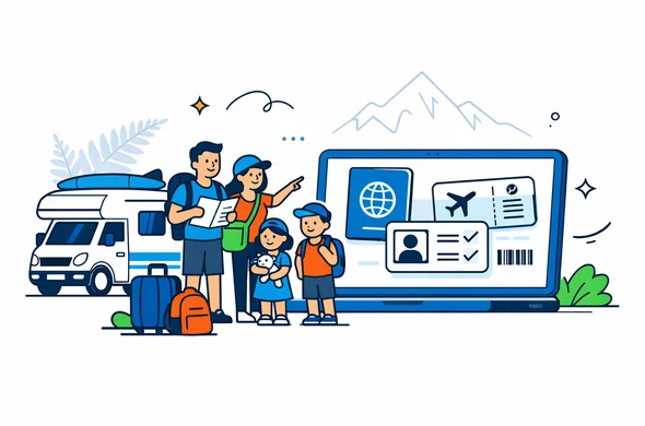 Flat vector illustration of a family of travelers planning a road trip to New Zealand, standing next to a campervan and large digital travel documents on a laptop screen, modern tech style, deep blue and turquoise as primary colors with green accents for New Zealand nature, minimalist white background with a faint outline of New Zealand mountains and fern, calm and organized atmosphere