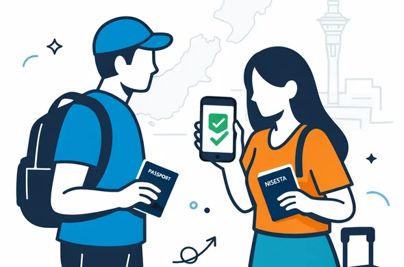 Flat vector illustration of two abstract travelers in an airport transit area, holding passports and a smartphone showing an approved NZeTA, calm and organized atmosphere, modern and minimal design, deep blue and turquoise with teal accents, isometric style, faint line-art silhouette of New Zealand map and Auckland Sky Tower in the background, white and light grey background, no facial features, clean tech feel