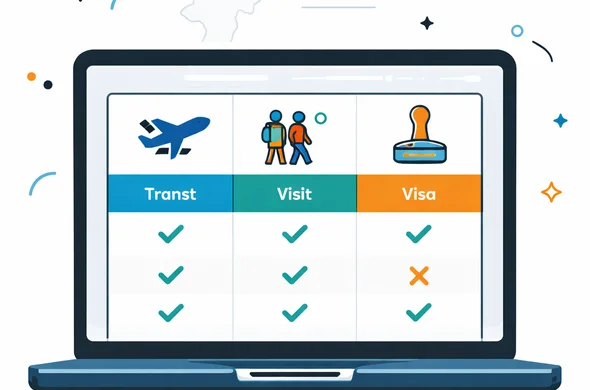 Semi-flat vector illustration of an abstract comparison table on a laptop screen, showing three visa or travel authorization options side by side, with icons for transit, visit, and visa stamp, modern clean UI, deep blue and turquoise with teal highlights, minimal white background, faint outline of New Zealand and mountains behind, no text, no facial features, organized and safe feel