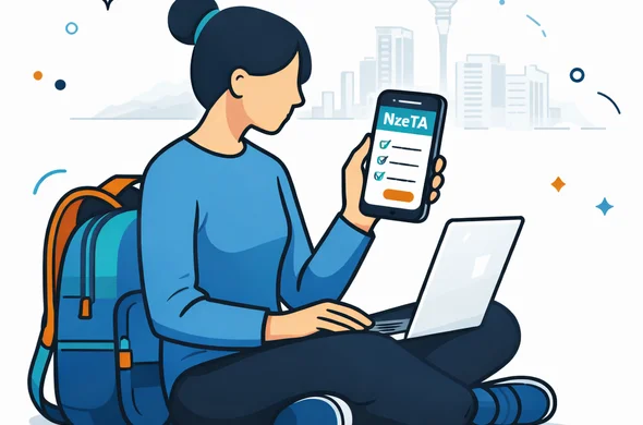 Flat vector illustration of an abstract female traveler sitting with a backpack and laptop, holding a smartphone that shows an online NZeTA application form, calm and focused, semi-flat modern style, deep blue and turquoise with teal details, clean white and grey background, faint outline of Auckland skyline and Sky Tower, no facial features, organized tech workflow