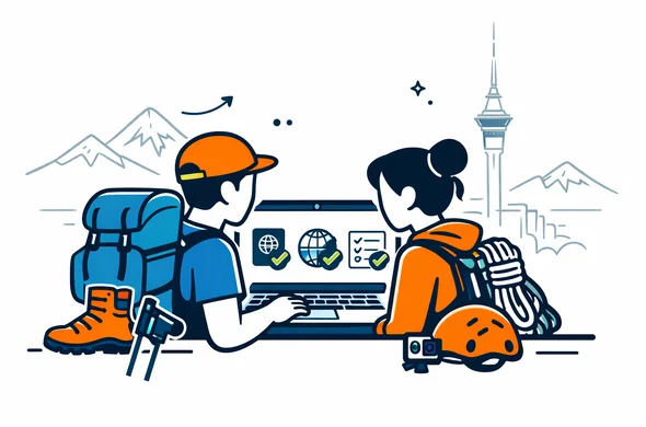 Flat 2D vector illustration of two abstract faceless travelers planning a trekking and extreme sports trip to New Zealand on a laptop, with digital NZeTA approval icons and checklists on the screen, deep blue and turquoise with green New Zealand accent, minimalist white background with faint outline of New Zealand mountains and Auckland Sky Tower, calm organized modern tech style