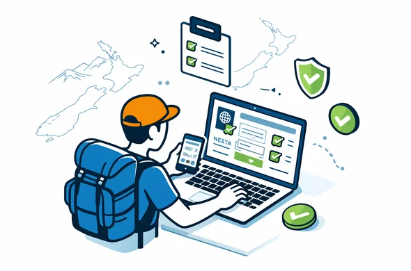 Isometric flat vector illustration of an abstract faceless traveler filling an NZeTA online application form on a laptop and smartphone, with checklists and confirmation icons around, deep blue and turquoise with green New Zealand accent, minimalist light background with faint outline of New Zealand map and mountains, calm efficient digital process vibe