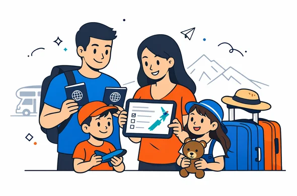 Flat vector illustration of an Israeli family with two young children preparing for a long trip to New Zealand, parents holding passports and digital tablet with NZeta form, calm and organized atmosphere, deep blue and turquoise Aid Air branding, teal accent for New Zealand, minimal white background with subtle outline of New Zealand mountains and a campervan silhouette