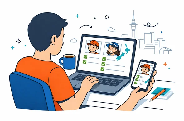 Semi flat vector illustration of a parent sitting at a desk completing NZeta applications for children on a laptop and smartphone, multiple child profiles on the screen, check marks showing completed steps, calm efficient atmosphere, deep blue and turquoise interface elements, teal accent for New Zealand, minimal background with faint outline of Auckland skyline and Sky Tower