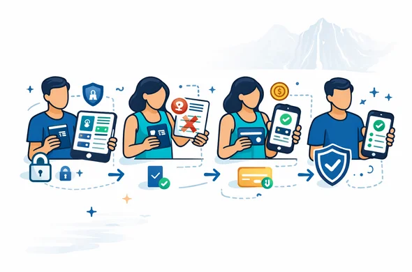 Semi-flat vector isometric infographic showing the NZeTA application process step by step. Four connected panels with simple icons: passport details, review and error checking, payment, approval notification. Abstract faceless characters (neutral skin tones) move calmly through the steps holding a phone and documents. Add security lock and shield icons to emphasize privacy and safety. Primary colors deep blue and turquoise, with an emerald green accent for New Zealand. Minimal white and light gray background with a faint outline silhouette of Milford Sound fjord cliffs. Clean modern tech UI elements, crisp lines, not photorealistic.