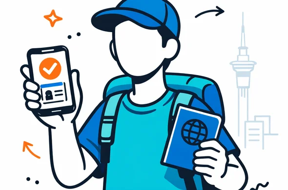 Flat vector illustration, modern tech style, deep blue and turquoise with teal accent, abstract faceless traveler character holding a smartphone showing NZeTA approval and a passport icon, calm and organized atmosphere, minimalist white and grey background with a faint isometric silhouette of Auckland Sky Tower in New Zealand