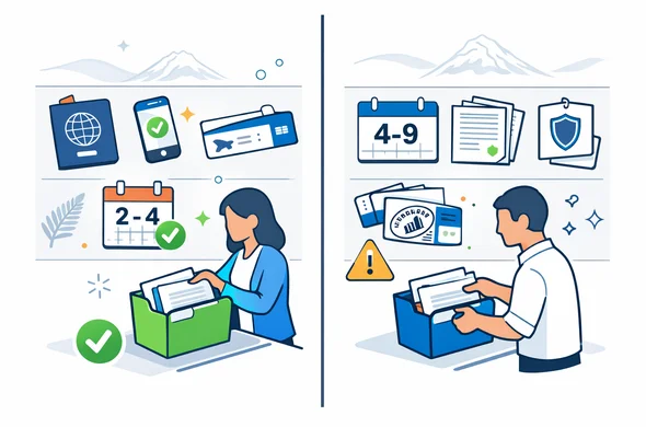 Flat or semi-flat vector illustration with clean lines and a modern tech feel, isometric layout. Split the scene into two vertical panels. Left panel: short trip planning board with icons of a passport, a smartphone showing an approved NZeTA screen, a return flight ticket, a small calendar marked 2 to 4 weeks, and a checkmark. Right panel: long stay planning board with a larger calendar marked 4 to 9 months, bank statement pages, travel insurance document, a visa stamp icon, two flight tickets indicating multiple entries, and a caution icon about time limits. Add abstract faceless characters with neutral skin tones organizing documents into folders, calm posture, no facial features. Color palette: deep blue and turquoise as primary brand colors, New Zealand accent color in fern green. Minimalist white and light grey background with a faint outline silhouette of Aoraki Mount Cook and a subtle silver fern. Atmosphere calm, organized, efficient, safe. No photorealism, no detailed faces, no readable text, clean vector shapes.