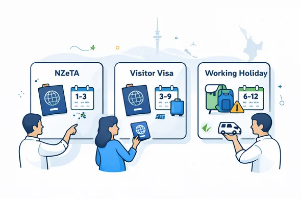 Flat vector infographic illustration with clean lines and modern tech feel, isometric cards layout. Three clean rectangular cards represent travel options: NZeTA, Visitor Visa, and Working Holiday. Each card uses simple icons only (no readable text): passport, calendar with different durations, suitcase, and a small work icon. Abstract faceless characters with neutral skin tones compare the cards: one points at a calendar, one holds a passport, one holds a small van icon. Primary colors deep blue and turquoise, with fern green accents for New Zealand. Minimalist white and light grey background with a faint outline of Auckland Sky Tower and a subtle map silhouette of New Zealand. Calm, trustworthy, organized vibe, clean vector lines, no photorealism, no text labels.