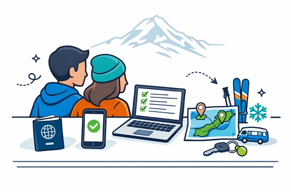 Flat or semi-flat vector illustration with clean lines and a modern tech feel, isometric composition. A faceless traveler couple planning a New Zealand winter ski trip. On a minimalist desk: a passport, a smartphone showing an approved NZeTA screen, a laptop with a tidy checklist, a small map of New Zealand with route pins, and small icons of skis, a snowflake, and a campervan key. Primary palette deep blue and turquoise, with fern green accent color to represent New Zealand. Minimal white and light grey background with a faint outline silhouette of Aoraki / Mount Cook. Calm, organized, efficient, safe atmosphere. Vector style, no photorealism, no detailed facial features, no brand logos.