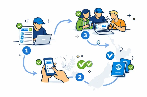 Semi-flat vector illustration of a step-by-step process diagram for a travel group applying for multiple NZeTA authorizations, abstract characters moving through numbered stages with checkmarks, laptops and phones showing digital forms, deep blue and turquoise primary colors with green New Zealand-inspired accents, clean and calm tech atmosphere, white background with a subtle outline of a New Zealand map, isometric or 2D flat style, no photorealism