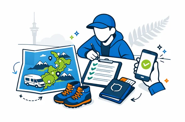 Flat vector illustration, clean lines, modern tech travel vibe. Isometric scene of an abstract faceless traveler planning a New Zealand adventure: campervan route map, hiking boots, checklist, passport and a smartphone showing an approved NZeTA screen with a checkmark icon. Deep blue and turquoise primary palette with kiwi green accent. Minimal white and light grey background with a faint silhouette outline of the Auckland Sky Tower and a subtle silver fern pattern. Calm, organized, efficient atmosphere. No photorealism, no text, no logos.