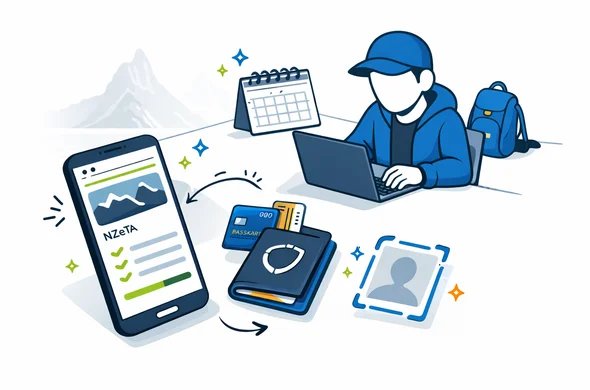 Isometric flat vector illustration of a smartphone displaying an online NZeTA request form with checkmarks and a progress bar, next to a passport, credit card, and a clean photo capture frame icon. Abstract faceless traveler at a tidy desk with a laptop, calendar, and a small backpack. Deep blue and turquoise primary palette with kiwi green accent. Minimal white and light grey background with a faint outline silhouette of Milford Sound cliffs (Mitre Peak). Clean modern tech style, calm and safe. No photorealism, no text, no logos.