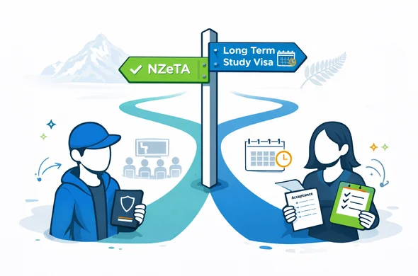 Semi-flat 2D vector illustration. Split path signpost showing two clean organized routes: left route for short English course with NZeTA, right route for long term study visa. Abstract faceless characters holding passport, acceptance letter, and a checklist folder, with simple icons of a classroom and a calendar. Deep blue and turquoise primary palette with kiwi green accent. Minimal white and light grey background with a faint silhouette outline of Aoraki Mount Cook mountains and a small silver fern. Clean lines, modern tech feel, calm and organized. No photorealism, no text, no logos.