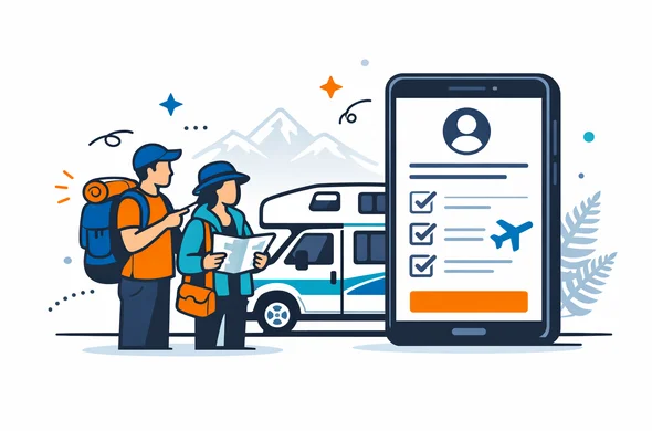 Flat vector illustration of two faceless travelers planning a campervan road trip in New Zealand, standing next to a stylized campervan and large smartphone screen showing a digital travel authorization form, deep blue and turquoise primary colors with a teal accent for New Zealand, minimalist white background with faint outline of New Zealand mountains and a fern silhouette, calm and organized atmosphere, modern tech feeling.