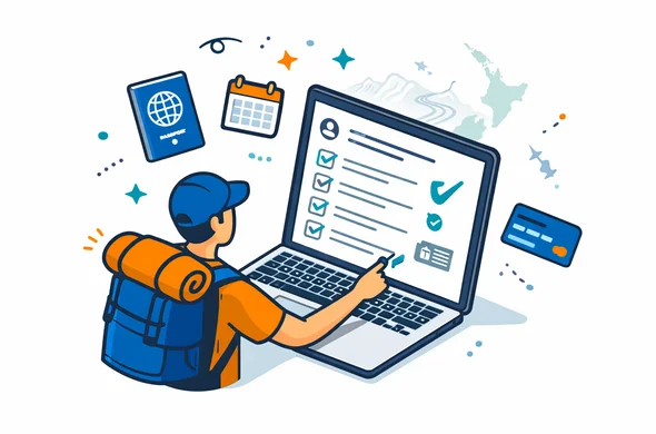 Flat isometric vector illustration of a faceless traveler checking off a multi-step online NZeTA application checklist on a laptop screen, icons for passport, calendar and credit card around, deep blue and turquoise palette with teal accent for New Zealand, minimalist white background with faint outline of New Zealand map and a winding road through mountains, calm and organized atmosphere.