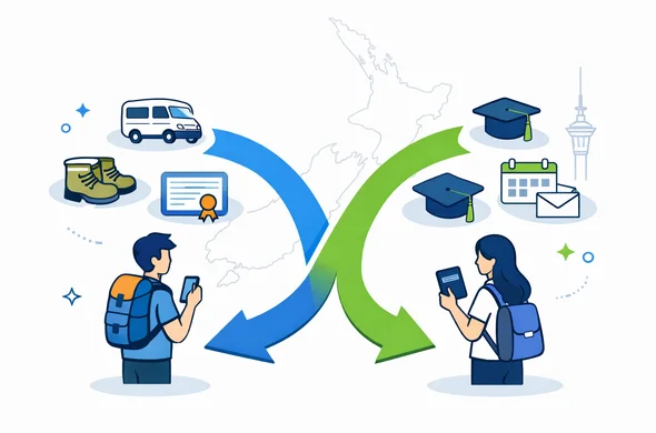 Flat vector isometric illustration with clean lines and a modern tech UI feel, not photorealistic. Decision roadmap for New Zealand entry: NZeTA versus long-term Student Visa. Two abstract faceless neutral travelers holding passports and smartphones, arrows splitting into two paths. Left path icons: campervan, hiking boots, short course certificate. Right path icons: graduation cap, calendar, offer letter. Primary colors deep blue and turquoise with fern green accent. Minimal white and light grey background with a faint outline silhouette of the New Zealand map and the Auckland Sky Tower. Calm, organized, efficient, safe.