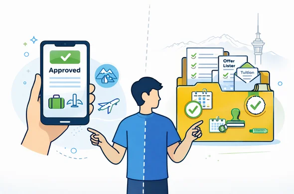 Semi-flat vector split comparison scene with clean lines and modern UI icons, not photorealistic. Left panel: smartphone showing NZeTA approval with travel icons (mountains, suitcase, airplane). Right panel: organized folder representing a long-term Student Visa application with checklist, offer letter, tuition receipt icon, calendar timeline, and approval stamp icon. Abstract faceless neutral character pointing at differences. Deep blue and turquoise primary colors with fern green accent. Minimal white and light grey background with a faint outline silhouette of the Auckland Sky Tower and the Southern Alps. Calm, structured, trustworthy.