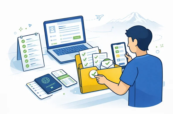 Flat vector isometric workflow illustration for planning entry to New Zealand, calm and organized, not photorealistic. Desk scene with laptop showing an online application form UI, smartphone with status updates, passport, boarding pass, and a tidy checklist with steps 1 to 6. Abstract faceless neutral character arranging documents into a folder. Primary colors deep blue and turquoise with fern green accent. Minimal white and light grey background with a faint outline silhouette of Mount Cook (Aoraki) and a small airplane path line. Safe, efficient, modern.
