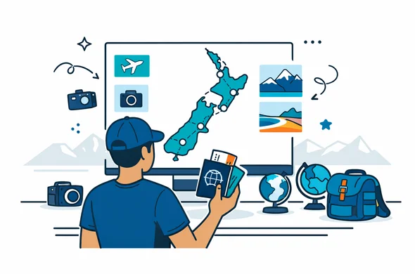 Flat semi-flat vector illustration, modern tech feel, faceless neutral-skinned traveler planning a long trip to New Zealand, looking at a digital map and holding passport and travel documents, deep blue and turquoise primary colors with teal accents inspired by New Zealand nature, calm organized atmosphere, minimalist white and light grey background with a faint silhouette of New Zealand mountains, non-photorealistic 2D style