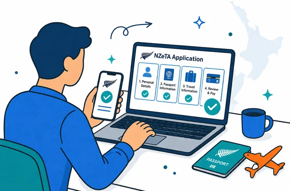 Flat vector illustration of an abstract faceless traveler using a laptop and smartphone to apply online for a New Zealand Electronic Travel Authority, step-by-step interface with checkmarks on the screen, deep blue and turquoise colors with teal accents, calm and efficient atmosphere, minimalist white background with a faint outline of New Zealand coastline, non-photorealistic 2D style