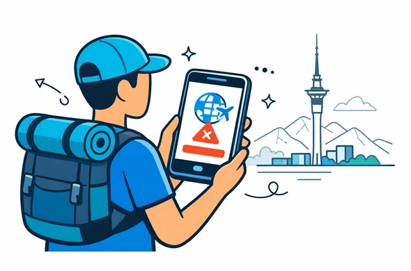 Flat vector illustration of a traveller checking a smartphone that shows a declined NZeTA notification, calm and organized modern interface, deep blue and turquoise color palette with teal accents inspired by New Zealand nature, minimalist light background with a faint outline of New Zealand mountains and Auckland Sky Tower, 2D isometric style, faceless abstract character, no facial features