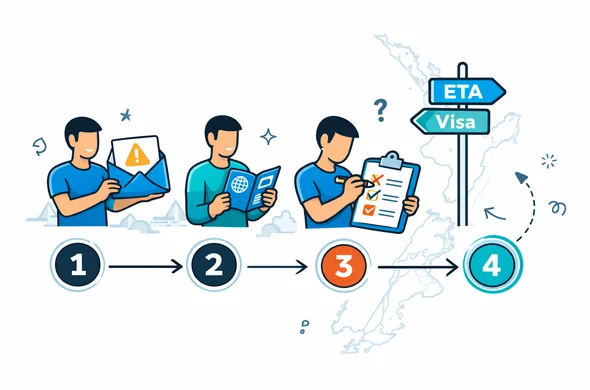 Semi flat vector illustration of a simple step by step roadmap after an NZeTA refusal, with numbered icons showing review email, check passport details, fix answers, choose between new NZeTA or visitor visa, calm and efficient layout, deep blue and turquoise colors with teal accents inspired by New Zealand, minimalist background with faint outline of a New Zealand map, 2D style, faceless abstract characters