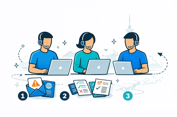 Flat vector illustration of a digital visa support team helping travellers after an NZeTA refusal, people sitting at laptops with documents and passports on a desk, deep blue and turquoise main colors with teal accents suggesting New Zealand, minimalist white background with faint outline of Auckland Sky Tower, 2D modern tech style, faceless abstract characters, calm and organized atmosphere