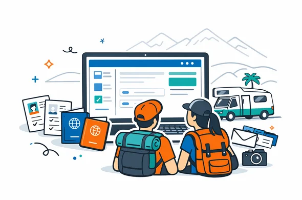 Flat vector illustration of two abstract travellers with backpacks planning a long van trip to New Zealand, looking at a large laptop screen showing the nzeta.co.il interface, passports and documents neatly arranged around, calm and organized atmosphere, deep blue and turquoise primary colors with teal accents for New Zealand, minimalist light background with a faint outline of New Zealand mountains in the distance