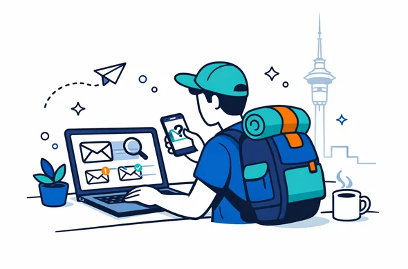 Flat vector illustration, modern tech style, deep blue and turquoise with teal accents, abstract faceless traveler with backpack, laptop and smartphone, calmly searching for an email confirmation, minimalist white background with faint outline of Auckland Sky Tower, 2D isometric style, safe organized atmosphere