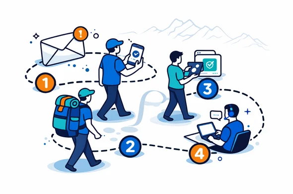 Semi flat vector illustration of a step by step roadmap for finding a missing NZeTA approval, abstract faceless characters walking along numbered checkpoints for email, mobile app, government website and support, deep blue and turquoise with teal accents, minimalist background with light outline of New Zealand mountains, clean isometric infographic style