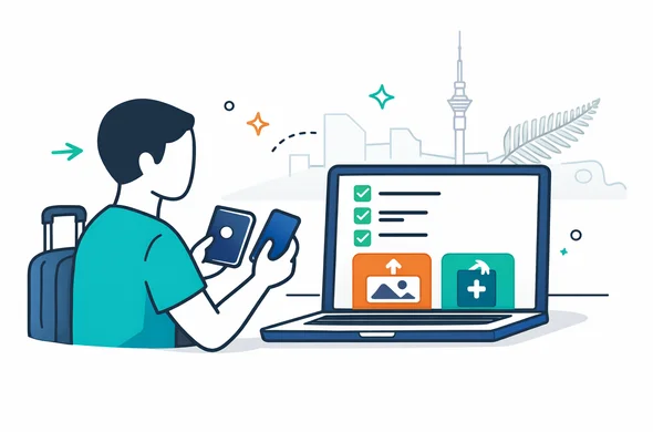 Flat vector illustration, clean lines, modern tech feel, isometric 2D scene of an abstract faceless traveler starting a New Zealand NZeTA service process online, holding a passport and phone, laptop screen with checklist and upload icons, calm organized safe atmosphere, deep blue and turquoise palette with fern green accents, minimalist white and light grey background, faint outline of Auckland skyline and a silver fern, no text, no photorealism, no watermark