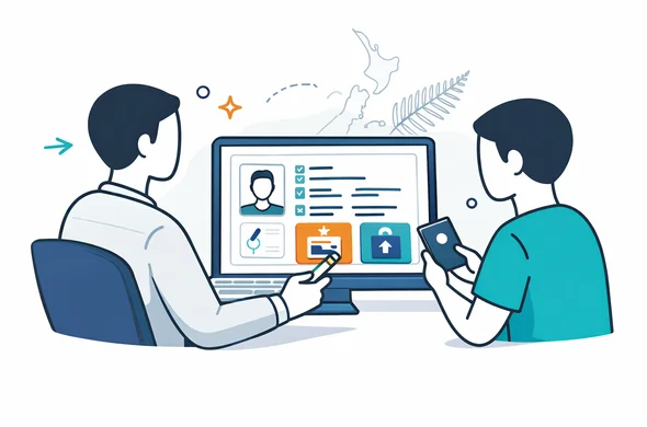 Semi-flat vector illustration, clean lines, modern tech feel, abstract faceless service specialist reviewing a New Zealand NZeTA application with passport image, photo upload, checkmarks and document fields on screen, another faceless traveler holding a passport, calm efficient safe atmosphere, deep blue and turquoise palette with fern green accents, minimalist white and grey background, faint outline of New Zealand map and silver fern, no text, no photorealism, no watermark