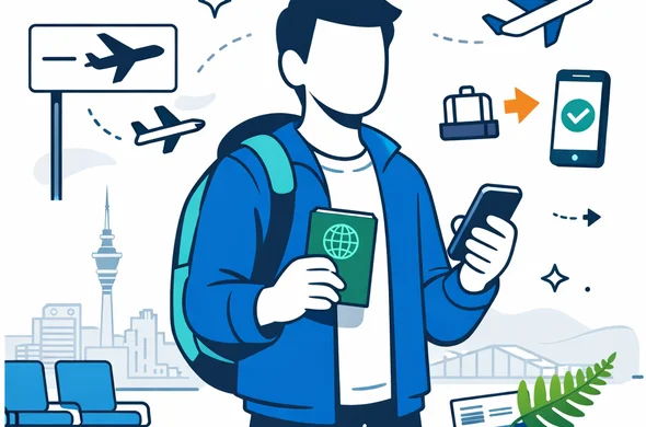 Flat or semi-flat vector illustration, modern travel service scene, abstract faceless traveler standing in an airport transit setting with passport, smartphone and flight connection icons, deep blue and turquoise primary palette with fern green accent for New Zealand, calm organized atmosphere, minimalist white and light grey background, faint outline of Auckland skyline with Sky Tower, clean lines, no text, no photorealism, safe efficient tech feel, 2D or light isometric composition