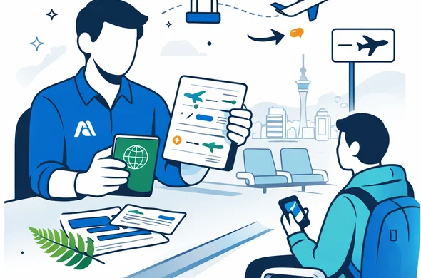 Flat vector illustration, abstract faceless service specialist reviewing passport, flight itinerary and connection details for New Zealand transit, traveler seated nearby with smartphone, airport transit icons, deep blue and turquoise palette with fern green accent, calm trustworthy mood, minimal white and grey background with faint airport terminal and Sky Tower silhouette, clean lines, no text, no photorealism, organized SaaS style, 2D or light isometric