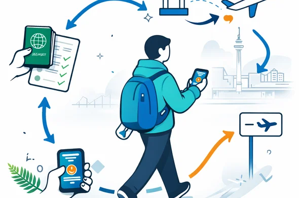 Semi-flat vector illustration, abstract faceless traveler moving through a clear step-by-step transit service path with passport, checklist, phone and connecting flight symbols, calm safe digital service atmosphere, deep blue and turquoise palette with fern green accent, minimalist white and grey background, faint outline of Auckland airport and New Zealand landmark silhouette, clean lines, no text, no photorealism, modern tech landing page style