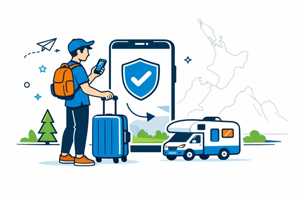 Flat vector illustration of a traveller planning a long New Zealand road trip, standing with a suitcase and a campervan icon, checking an NZeTA approval on a smartphone screen. Clean modern tech style, deep blue and turquoise as primary colors, with green accent for New Zealand nature. Minimal white background with a faint outline of New Zealands North and South Islands in the distance, calm and organized atmosphere.