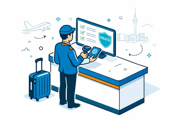Isometric vector illustration of an airline check-in counter, with an abstract airline agent scanning a passport while a computer screen shows a checklist and NZeTA status indicator. Deep blue and turquoise main colors, green accent, minimalist airport background with a faint outline of Aucklands Sky Tower, calm and efficient mood.