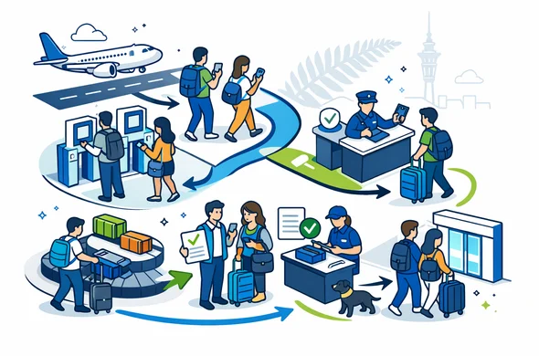 Flat or semi-flat vector illustration, clean lines, modern tech travel feel, isometric layout. Create an airport arrival roadmap for New Zealand entry with NZeTA: airplane landing icon, walkway to immigration, split path to eGate/SmartGate kiosks and a border officer desk, baggage claim carousel, New Zealand Traveller Declaration (NZTD) check, customs and biosecurity inspection, and exit to arrivals. Include abstract faceless travelers with neutral skin tones holding passports and smartphones, plus small document icons and checkmarks. Color palette: deep blue and turquoise as primary brand colors, with a New Zealand destination accent color in kiwi green and teal. Atmosphere: calm, organized, safe, efficient. Background: minimalist white/soft grey with a faint outline silhouette of the Auckland Sky Tower and a subtle silver fern pattern. No photorealism, no gradients heavy, no real logos, no readable text, high resolution vector style.
